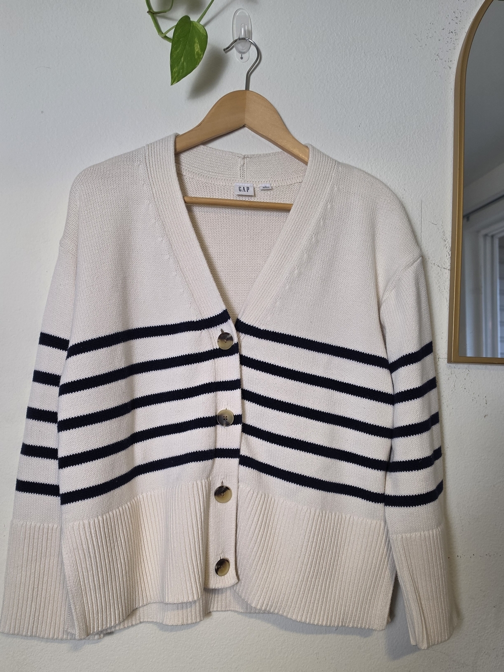 Striped Navy and Cream Women's Sweater with Button Detail